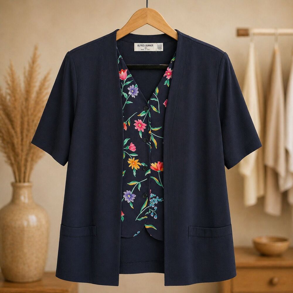 2 for $20 VTG Alfred Dunner Floral Mock Jacket Shirt 12 Navy Cottagecore